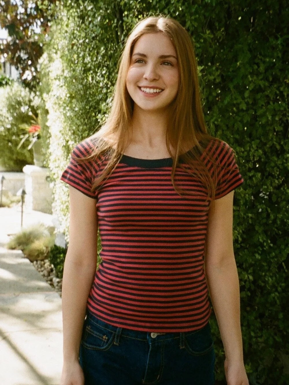 Brandy Melville Red and Black Striped Short Sleeve Tee